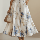 Birgit | Midikleid plissiert aus chiffon mit Blumenmuster weiß mit V-Ausschnitt
