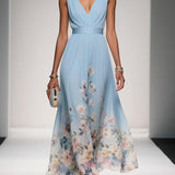 Paula | Maxikleid aus Chiffon mit Blumen hellblau und V-Ausschnitt
