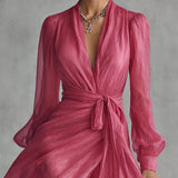 Lea | Langes Kleid aus chiffon elegant mit V-Ausschnitt und Bindetaille