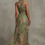 Emma | Maxikleid Chiffon mit Blumenmuster grün mit rückenfrei