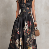 Greta | Midikleid plissiert aus Satin mit Blumenmuster schwarz