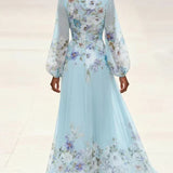 Margarete | Maxikleid Chiffon mit Blumenmuster hellblau mit V-Ausschnitt