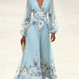 Margarete | Maxikleid Chiffon mit Blumenmuster hellblau mit V-Ausschnitt