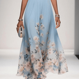 Paula | Maxikleid aus Chiffon mit Blumen hellblau und V-Ausschnitt